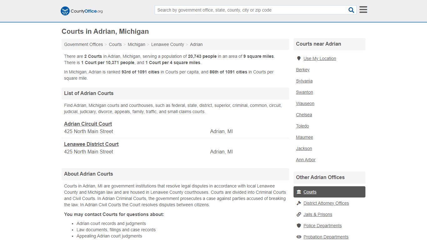 Courts - Adrian, MI (Court Records & Calendars) - County Office