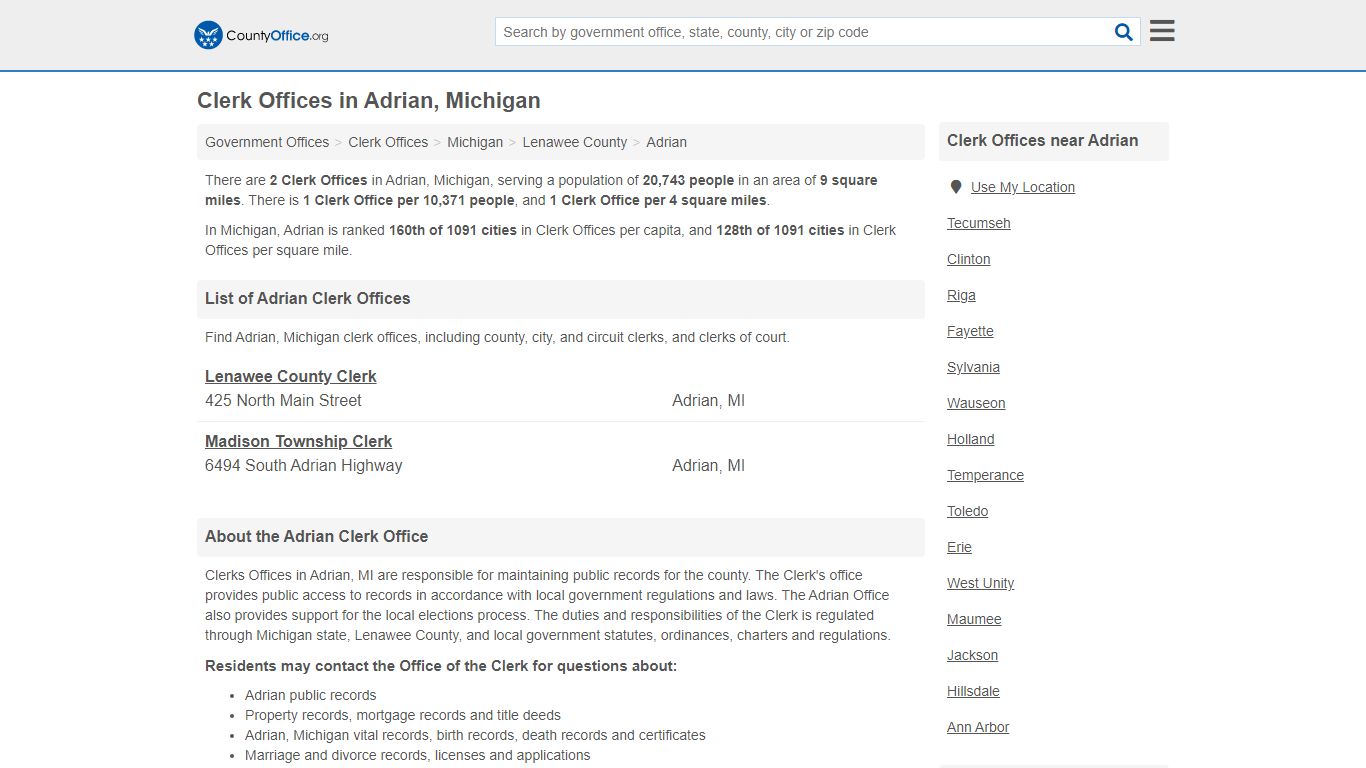 Clerk Offices - Adrian, MI (County & Court Records)